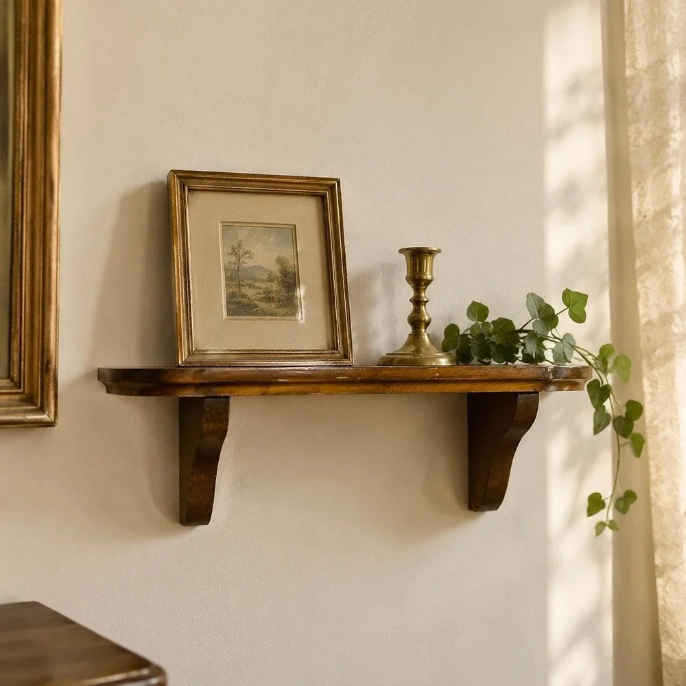 Vintage Wood Wall Shelf, 18 Inch Brown Display Ledge with Curved Brackets